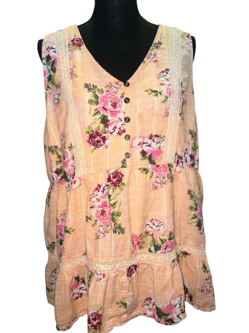 Torrid Womens Top Size 2 Peach Floral V-Neck Lined Sleeveless 100% Cotton